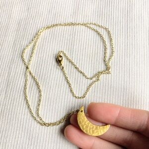 Handmade Gold Crescent Moon Hammered Pendant Necklace 24”